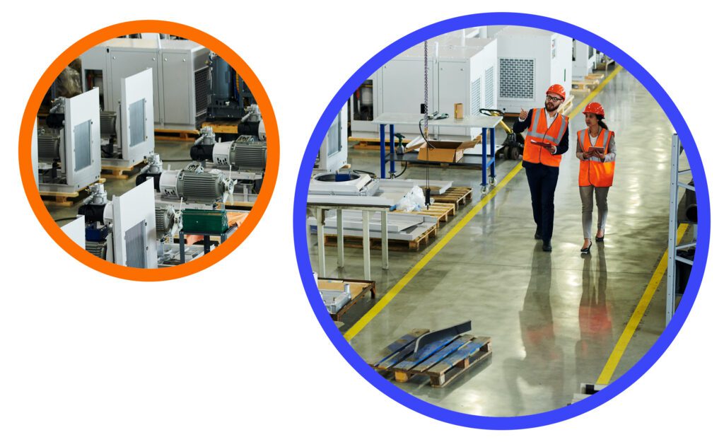 Manufacturing production line with factory managers carrying out a shop floor walk to observe equipment and production processes.