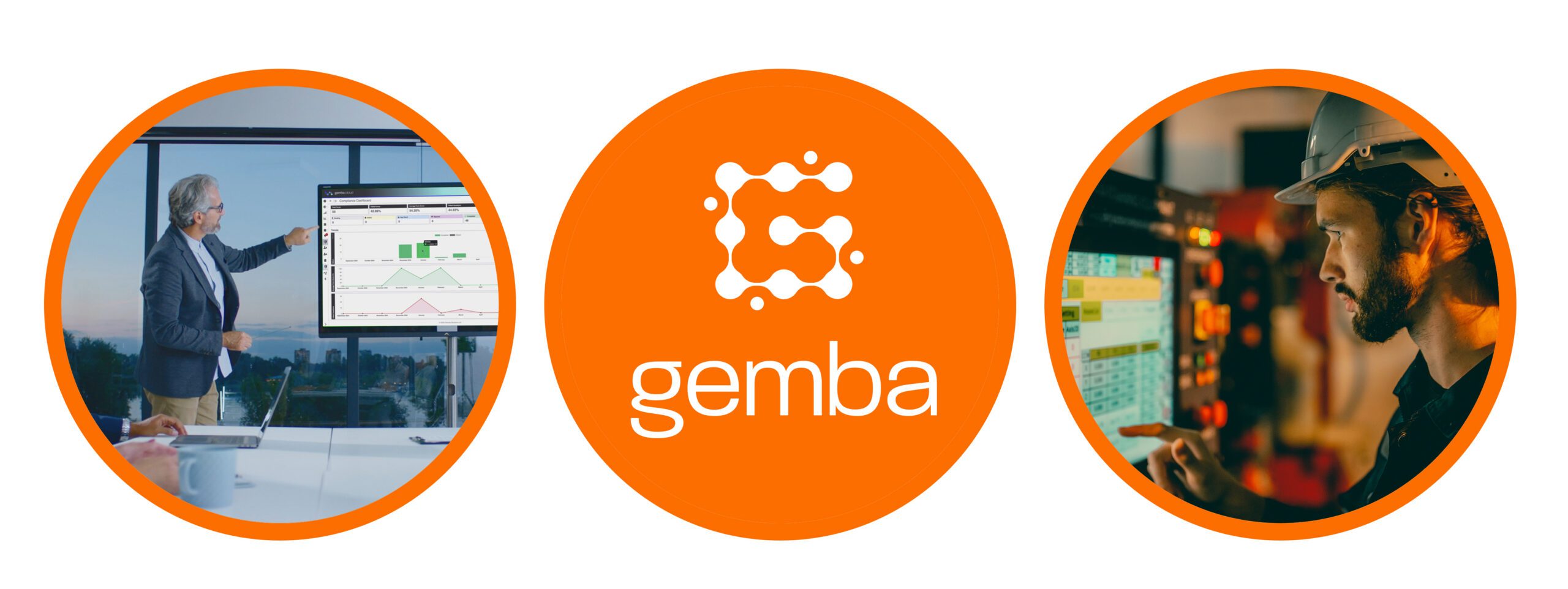Manufacturing performance dashboard presentation alongside an engineer monitoring production equipment using Gemba manufacturing software.