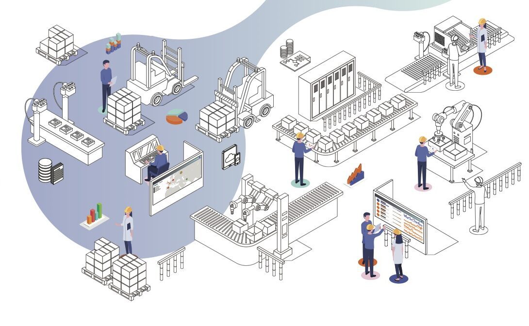 Illustration of a smart factory with interconnected production lines, automated machinery, data dashboards, and workers interacting with digital systems and robotics.