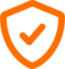 An orange shield with a tick symbolising compliance, reliability, and assurance.