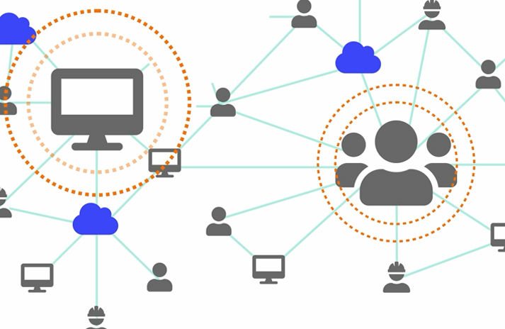 A digital network illustration showing interconnected people, computers, and cloud systems representing data integration and connectivity.