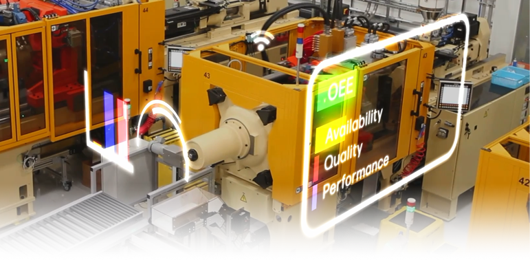 A smart factory with digital overlays displaying OEE (Overall Equipment Effectiveness), highlighting availability, quality, and performance metrics.