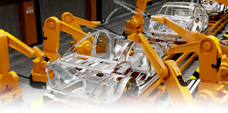 Automated robotic arms assembling and painting car bodies on a production line, representing smart manufacturing and automation.