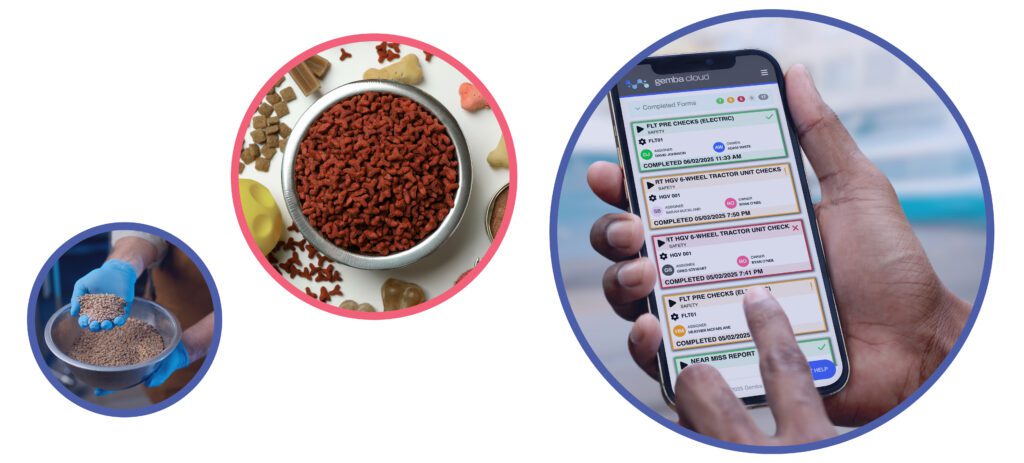 Pet food production process with Gemba Compliance software on a mobile device