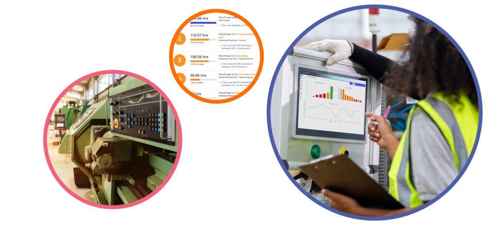OEE software dashboard displaying common causes of downtime, next to a manufacturing machine and operator.