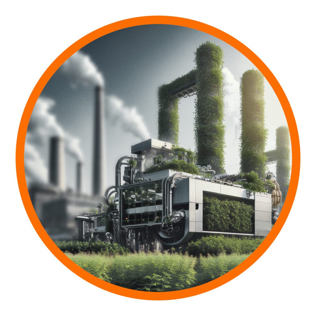Futuristic green factory surrounded by plants, symbolising sustainable manufacturing in contrast to polluting smokestacks in the background