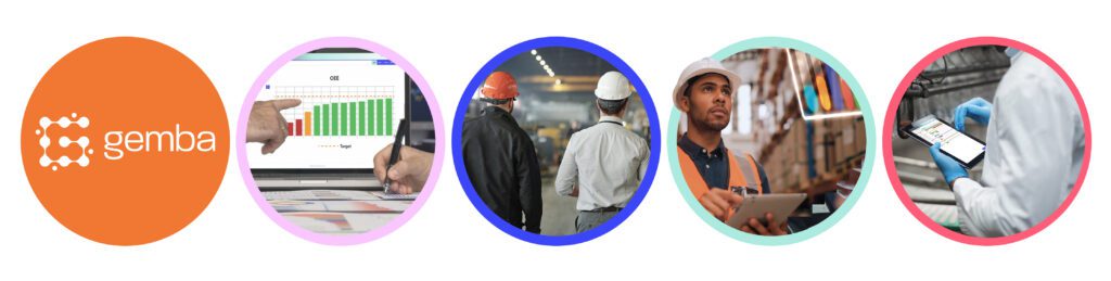 Visual collage representing OEE in manufacturing, including graphs, factory workers, and digital monitoring.