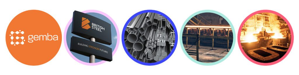 Gemba logo alongside British Steel signage, steel products and blast furnace operations