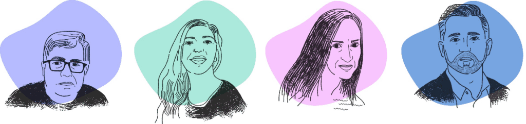 Illustrated portraits of the Gemba team attending Smart Factory 2025 – Ian, Maddie, Sophie and Alex