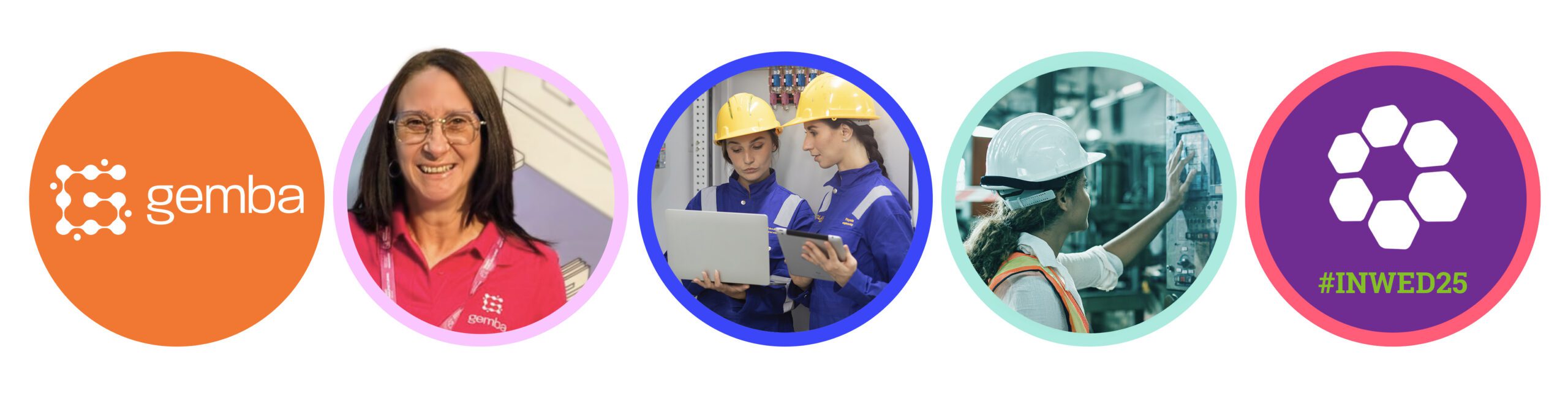 Collage of Gemba logo, Maddie Fleming, and women in engineering settings, with the INWED25 logo