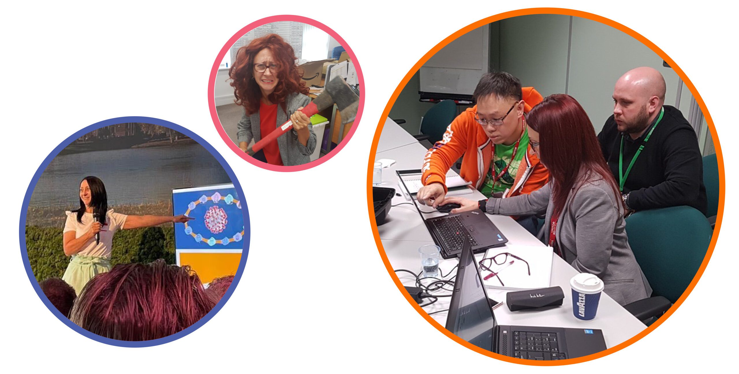 Collage of Maddie Fleming presenting, a woman posing with an axe in an office, and Gemba team members collaborating around a laptop.