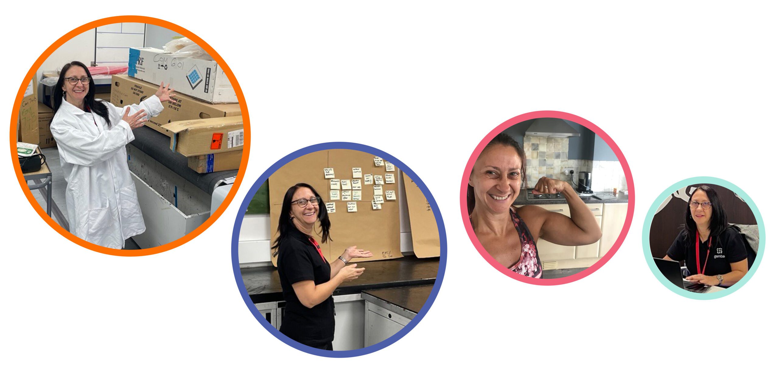 Collage of Maddie Fleming in lab and office environments, leading a session, flexing at home, and working at her laptop.