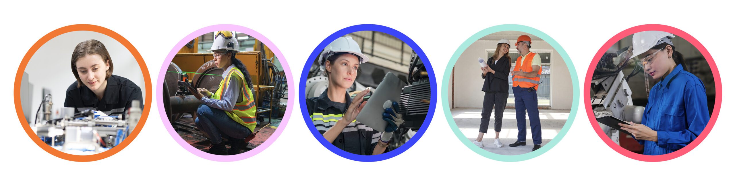 Five women engineers working in various manufacturing and industrial settings, using tools, tablets and machinery.