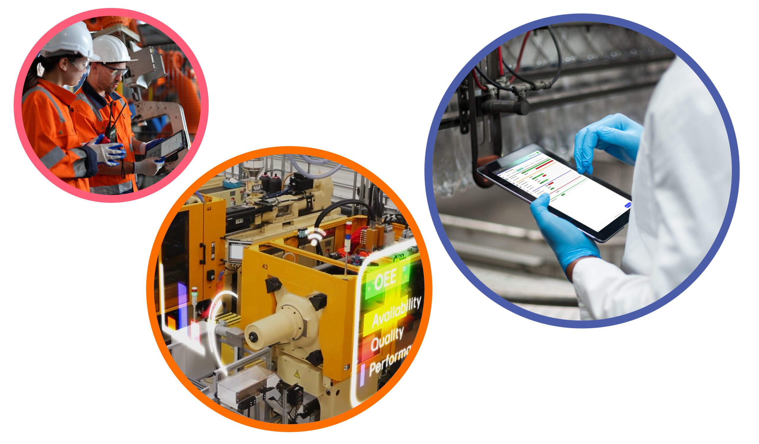 Factory workers using tablets, machine displaying OEE metrics, and digital monitoring on a production line