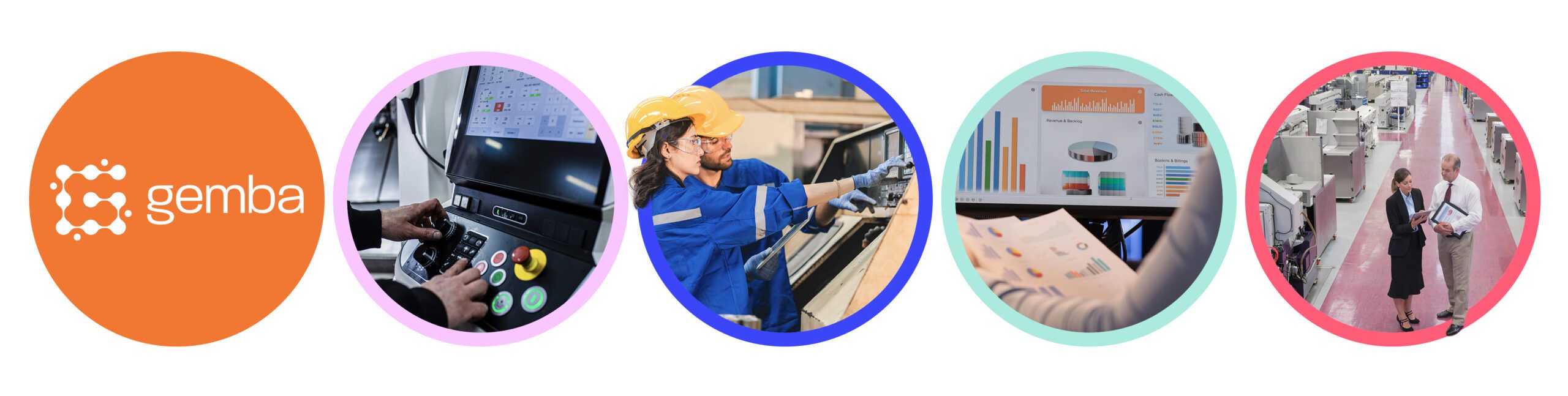 Manufacturing dashboard and shop floor visuals showing machine control, production data, and factory performance review