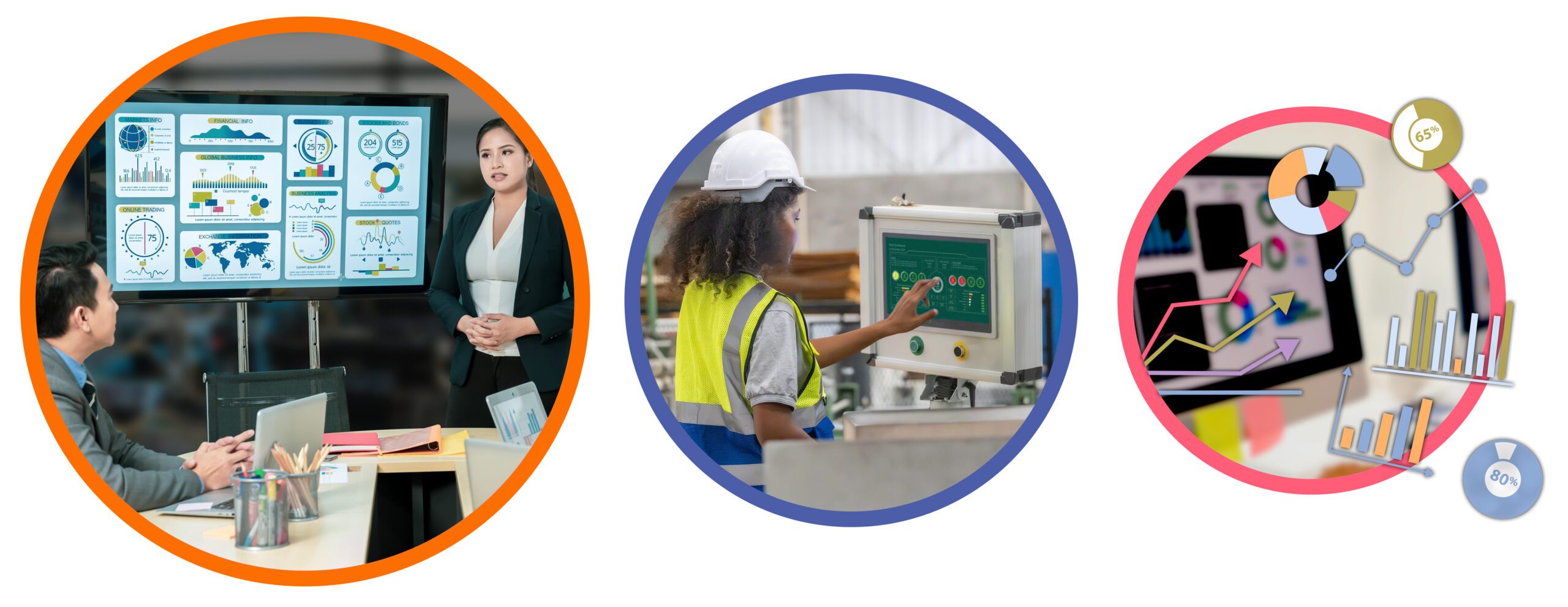 Manufacturing dashboard displayed during a performance review, with shop floor data and machine status information