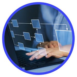 Hands typing on a laptop with a digital workflow or process map displayed on screen.