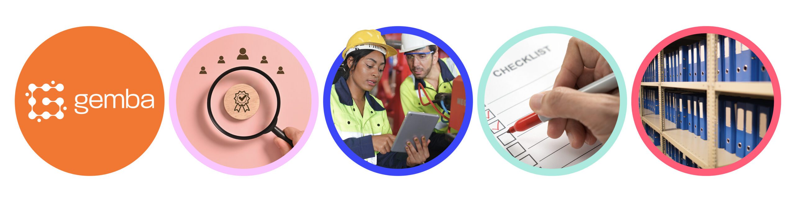 Gemba logo followed by four circular images showing quality oversight, shop floor checks on a tablet, a completed checklist and organised compliance records.