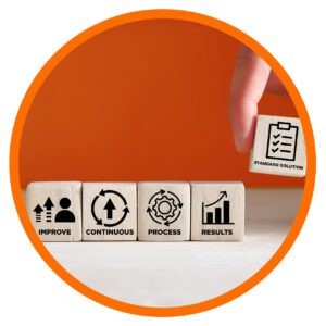 Hand placing a block labelled standard solution next to blocks showing improve, continuous, process and results.