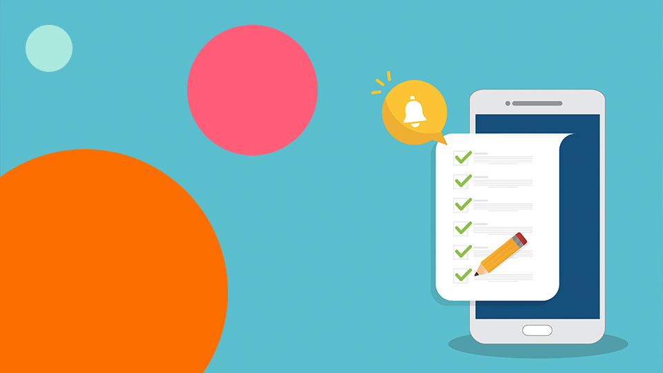 Smartphone with a digital checklist and notification icon on a colourful background.