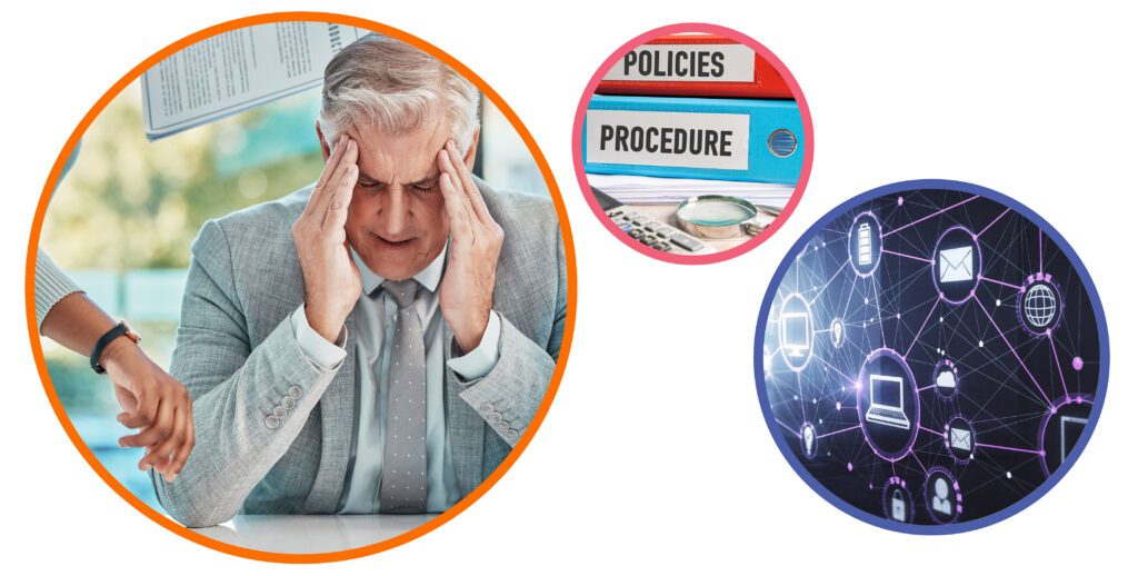 FMCG compliance challenges showing stressed manager, documented procedures, and connected digital systems