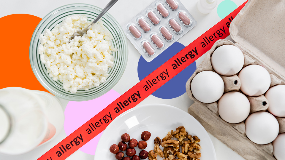 Food allergens in manufacturing including dairy, eggs, and nuts with allergy warning label