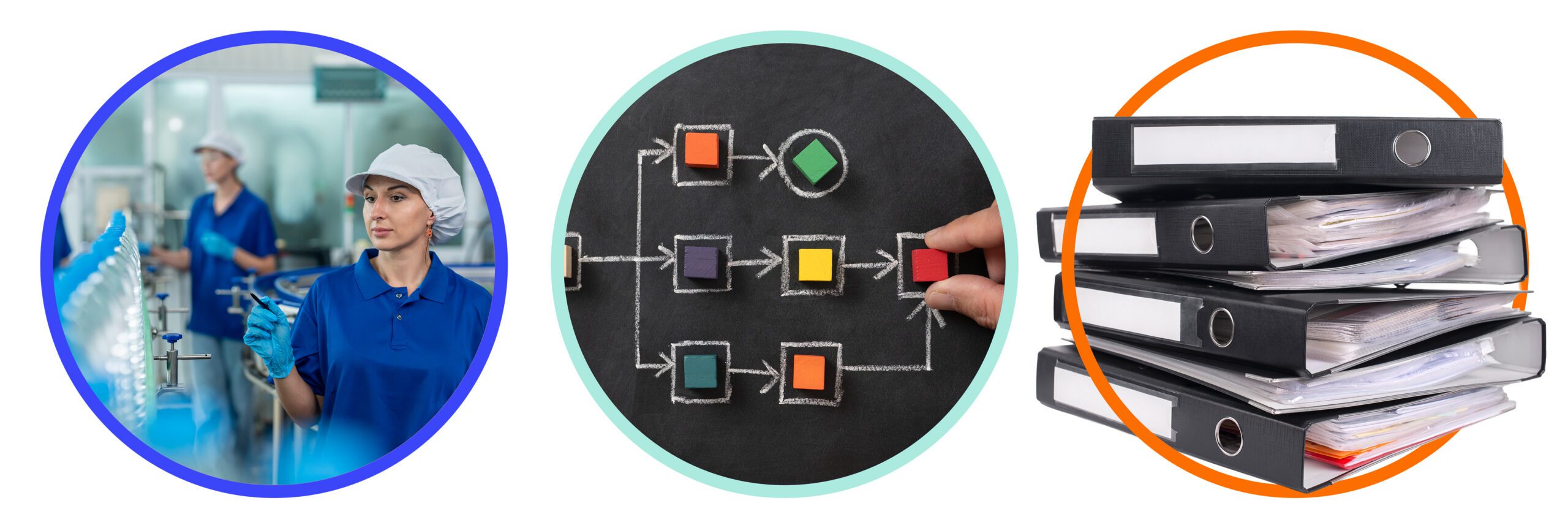 Graphic showing manufacturing quality inspection, workflow processes, and paper document folders related to compliance management.