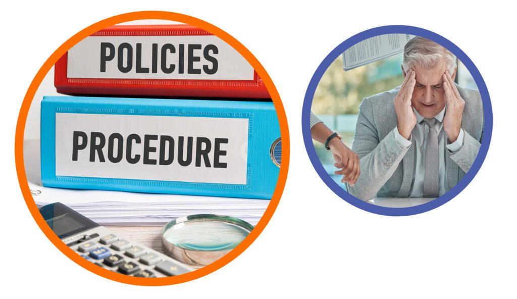 Folders labelled policies and procedure beside a stressed office worker overwhelmed by compliance paperwork.