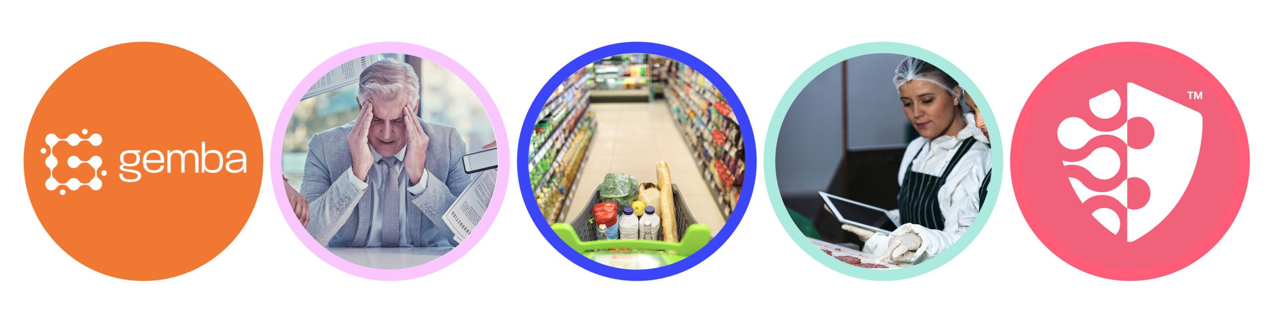 Graphic showing food safety compliance concepts including the Gemba logo, stressed office worker, supermarket trolley, food production worker using a tablet, and food safety shield icon.