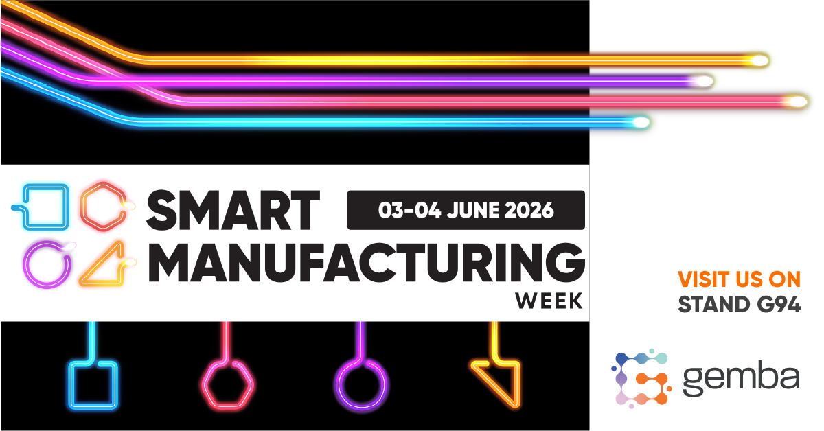 Promotional graphic for Smart Manufacturing Week 2026 at the NEC Birmingham on 3–4 June 2026, featuring neon manufacturing-style graphics, the event logo, and Gemba Solutions inviting visitors to stand G94.