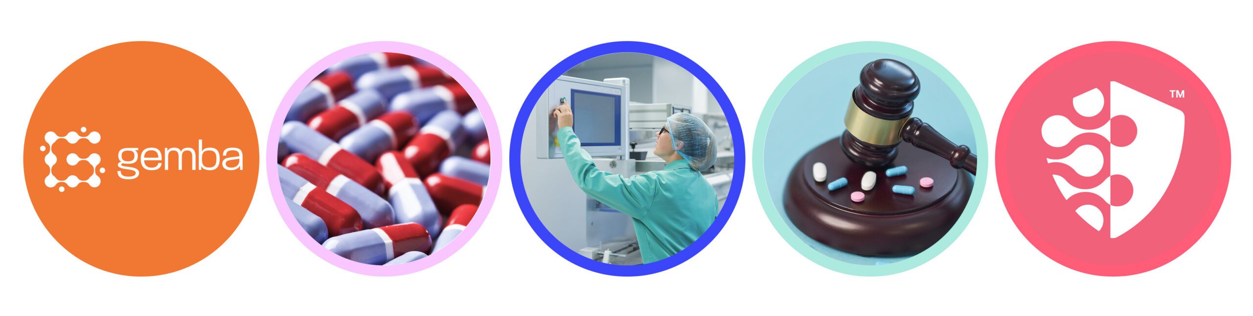 Illustrated banner showing pharmaceutical compliance themes including Gemba branding, pharmaceutical capsules, a pharmaceutical production environment, regulatory oversight and a compliance shield icon.