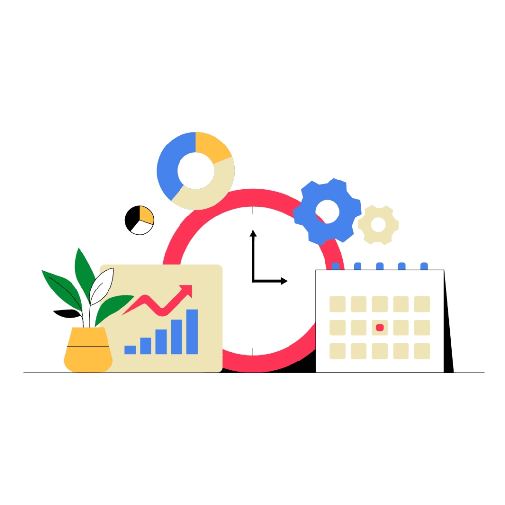 Illustration representing labour performance measurement through productivity tracking, operational data analysis and continuous improvement planning.