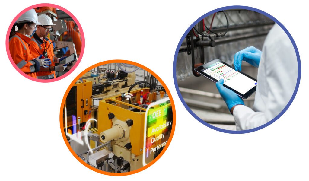 Illustration showing labour tracking integrated with production monitoring through workforce visibility, machine performance and digital reporting.