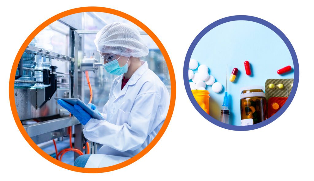 Pharmaceutical manufacturing and quality control graphic showing an operator using a tablet in a production environment alongside pharmaceutical products and packaged medicines.