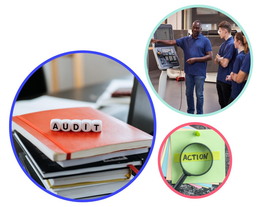 Audit preparation process showing compliance documentation, staff training and corrective action management in manufacturing.