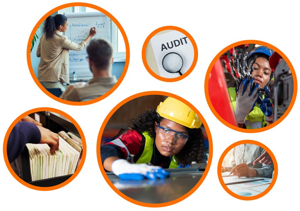 Manufacturing audit collage showing staff training, record checks, equipment inspection and quality review