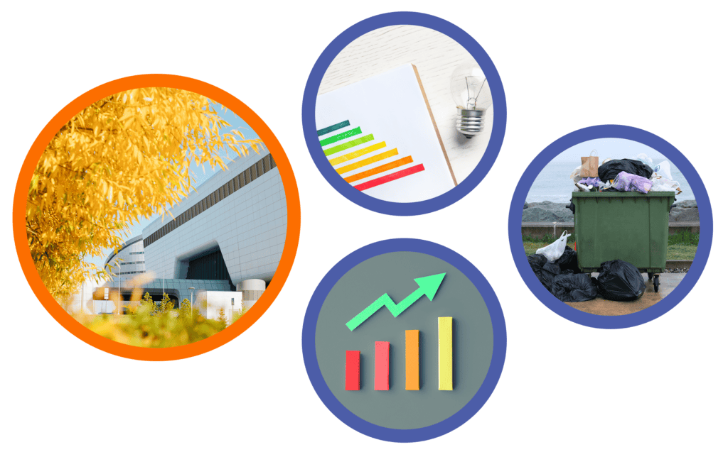 Manufacturing site with energy efficiency, waste and performance improvement imagery