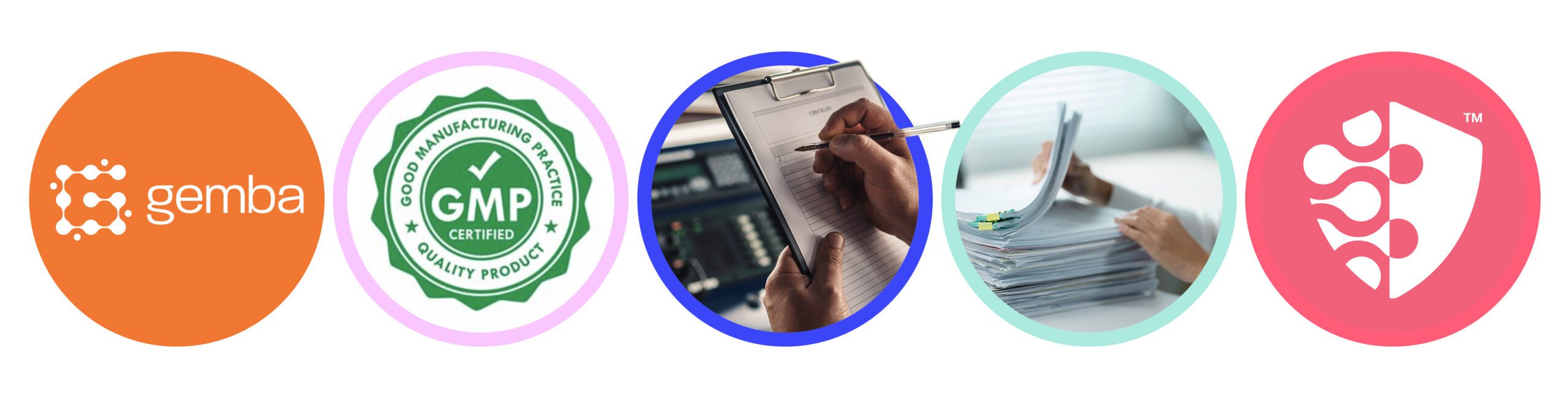 GMP compliance audit graphic showing Gemba, GMP certification, audit checklist and manufacturing documentation