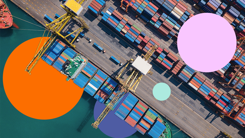 Aerial view of an international shipping port illustrating GPSR compliance and EU product safety requirements for imported and exported goods